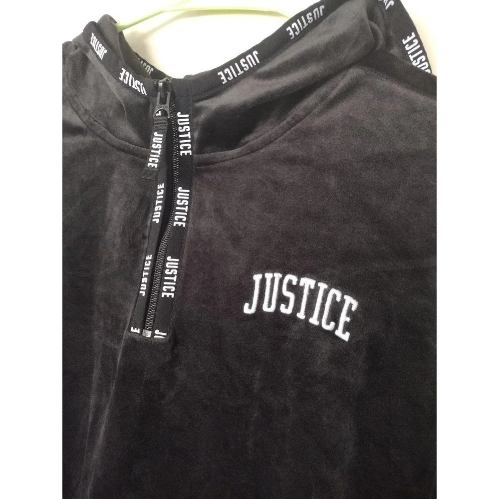 Justice Girls Black Velour Quarter Zip Hoodie Logo Tape Sweatshirt Size‎ 14/16